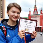 **A student triumphantly holding a TOPIK certificate, with the backdrop of Moscow State University, symbolizing academic success and new opportunities in Russia.**