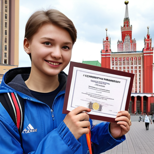Home 15 **A student triumphantly holding a TOPIK certificate, with the backdrop of Moscow State University, symbolizing academic success and new opportunities in Russia.**