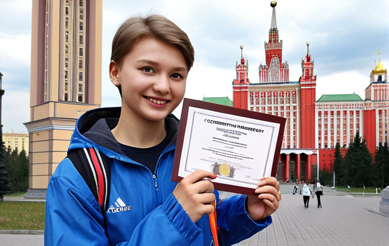 **A student triumphantly holding a TOPIK certificate, with the backdrop of Moscow State University, symbolizing academic success and new opportunities in Russia.**