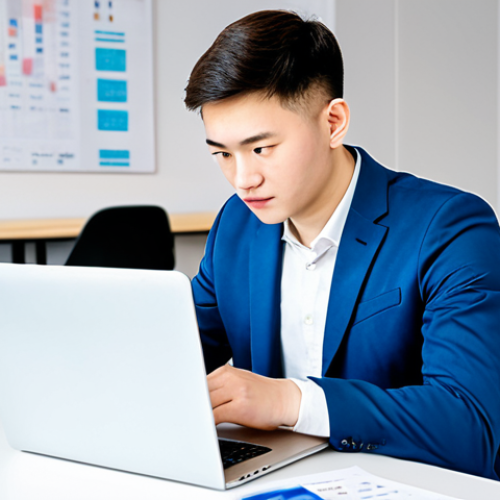 Home 7 A focused young professional, male, in their late 20s, dressed in a modest business casual outfit, sitting at a desk in a bright, modern co-working space in a bustling Russian city. They are looking intently at a laptop screen, which subtly displays elements of Korean script and business graphics. The overall scene conveys a sense of ambition and early career opportunities in a professional setting. fully clothed, appropriate attire, modest clothing, safe for work, appropriate content, family-friendly, perfect anatomy, correct proportions, natural pose, well-formed hands, proper finger count, natural body proportions, professional photography, high quality, sharp focus, detailed.