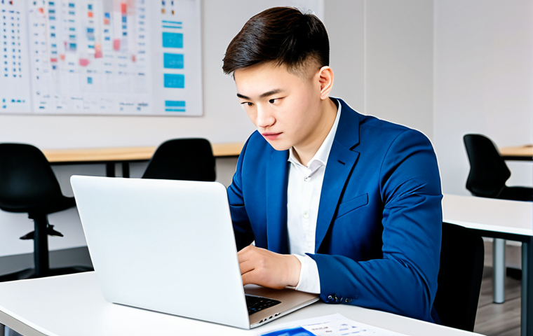 A focused young professional, male, in their late 20s, dressed in a modest business casual outfit, sitting at a desk in a bright, modern co-working space in a bustling Russian city. They are looking intently at a laptop screen, which subtly displays elements of Korean script and business graphics. The overall scene conveys a sense of ambition and early career opportunities in a professional setting. fully clothed, appropriate attire, modest clothing, safe for work, appropriate content, family-friendly, perfect anatomy, correct proportions, natural pose, well-formed hands, proper finger count, natural body proportions, professional photography, high quality, sharp focus, detailed.