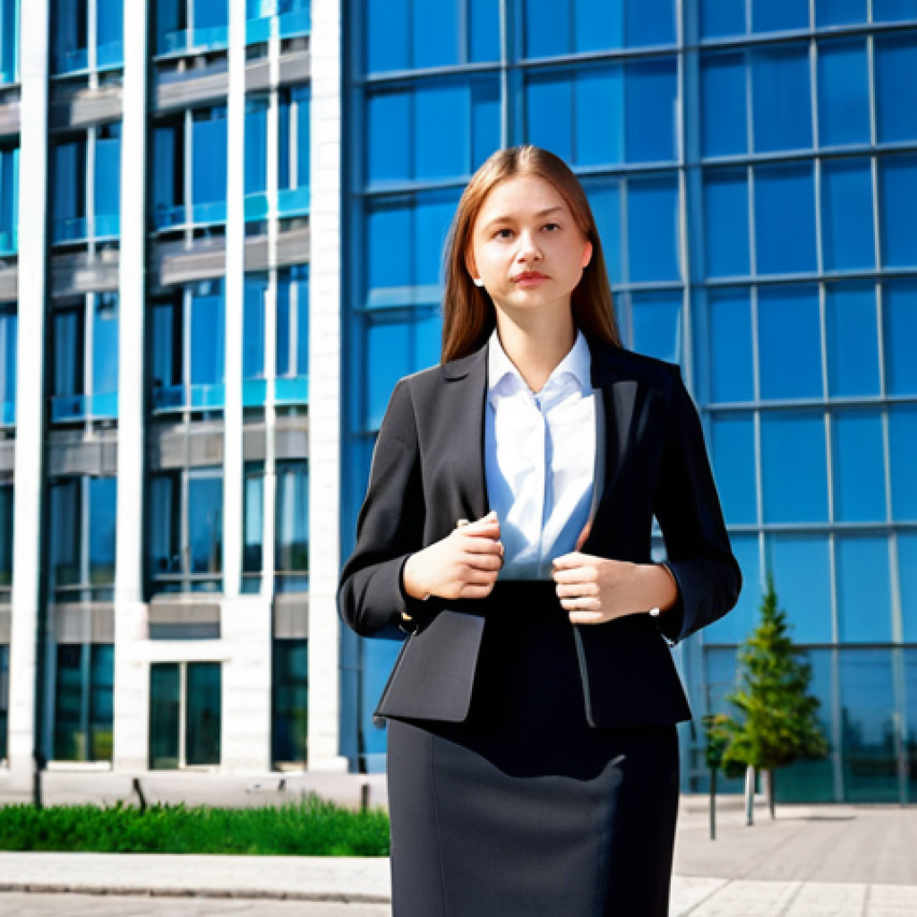 **Subject:** A young professional woman, fully clothed in a tailored business suit (skirt and jacket), standing confidently in front of a modern office building in Moscow. **Environment:** Bright, sunny day, showcasing the architecture. **Quality:** Professional corporate photography, perfect anatomy, correct proportions, natural pose, well-formed hands, safe for work, appropriate content, professional, family-friendly.