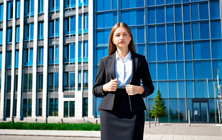 **Subject:** A young professional woman, fully clothed in a tailored business suit (skirt and jacket), standing confidently in front of a modern office building in Moscow. **Environment:** Bright, sunny day, showcasing the architecture. **Quality:** Professional corporate photography, perfect anatomy, correct proportions, natural pose, well-formed hands, safe for work, appropriate content, professional, family-friendly.