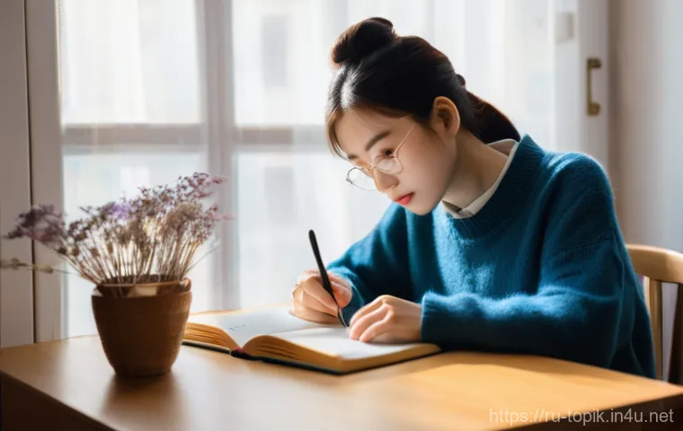 TOPIK 시험의 중요성 - A focused young Russian woman, in her early twenties, sits at a clean, well-lit desk in her cozy roo...