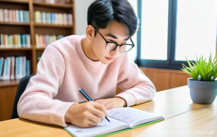 한국어능력시험 고득점 전략 - **"A focused young adult student, aged late teens to early twenties, meticulously planning their Kor...