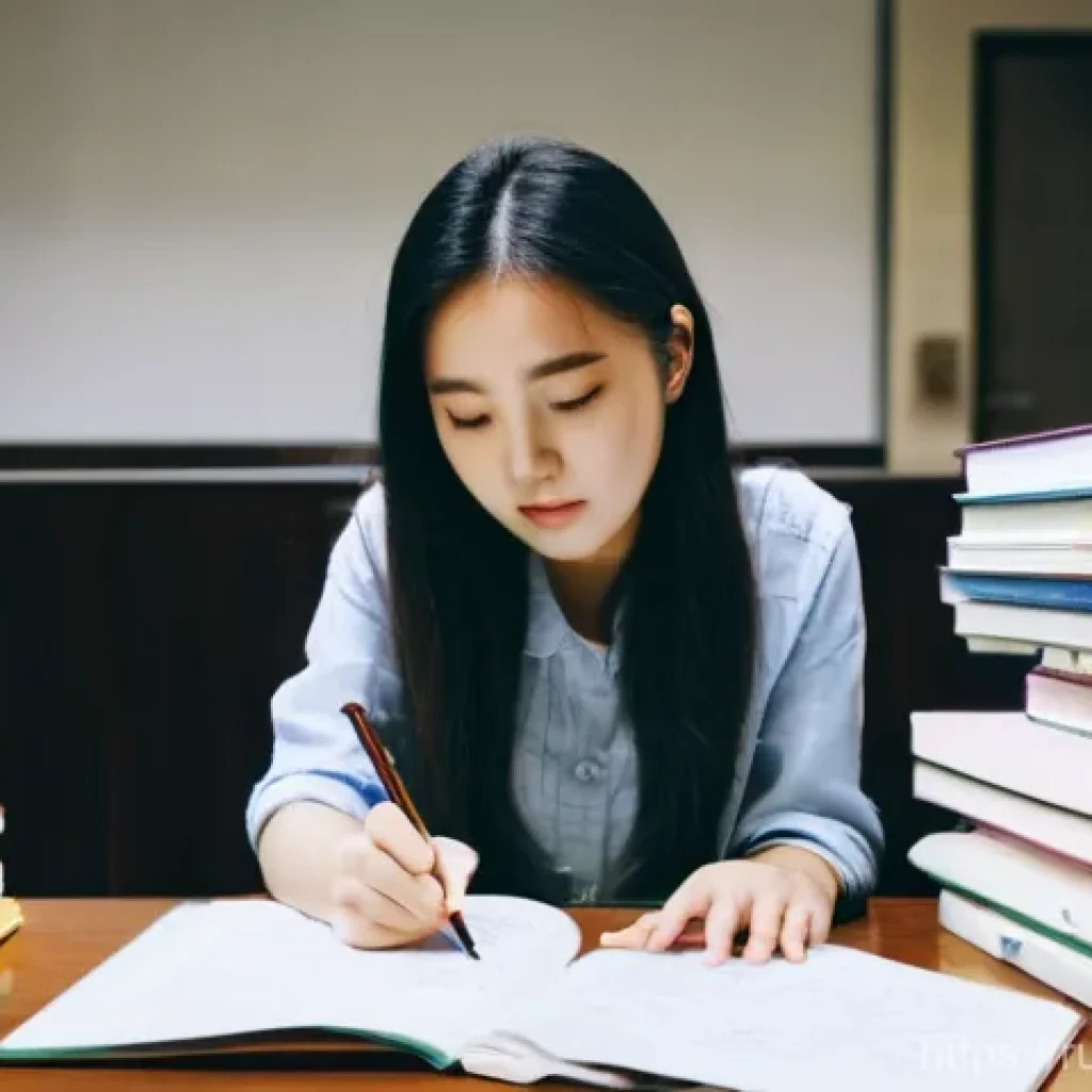 TOPIK 중급 응시자 팁 - **Prompt:** A young, determined female student, in her early twenties, sits at a well-organized stud...