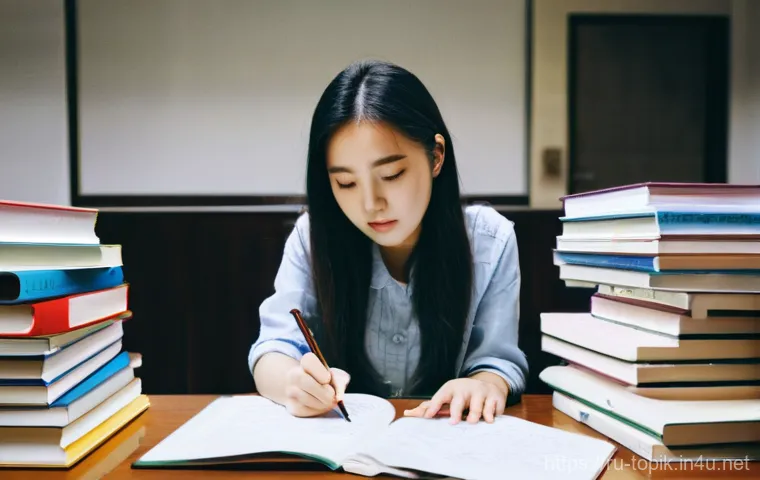 TOPIK 중급 응시자 팁 - **Prompt:** A young, determined female student, in her early twenties, sits at a well-organized stud...