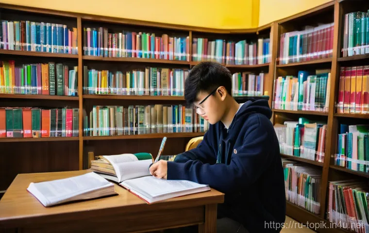 TOPIK 시험 기출문제 해설 강의 - **Prompt:** A determined young adult, appearing to be in their late teens or early twenties, sits at...