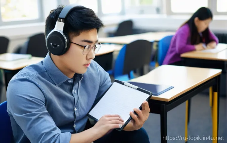 TOPIK 시험 기출문제 해설 강의 - **Prompt:** A determined young adult, appearing to be in their late teens or early twenties, sits at...