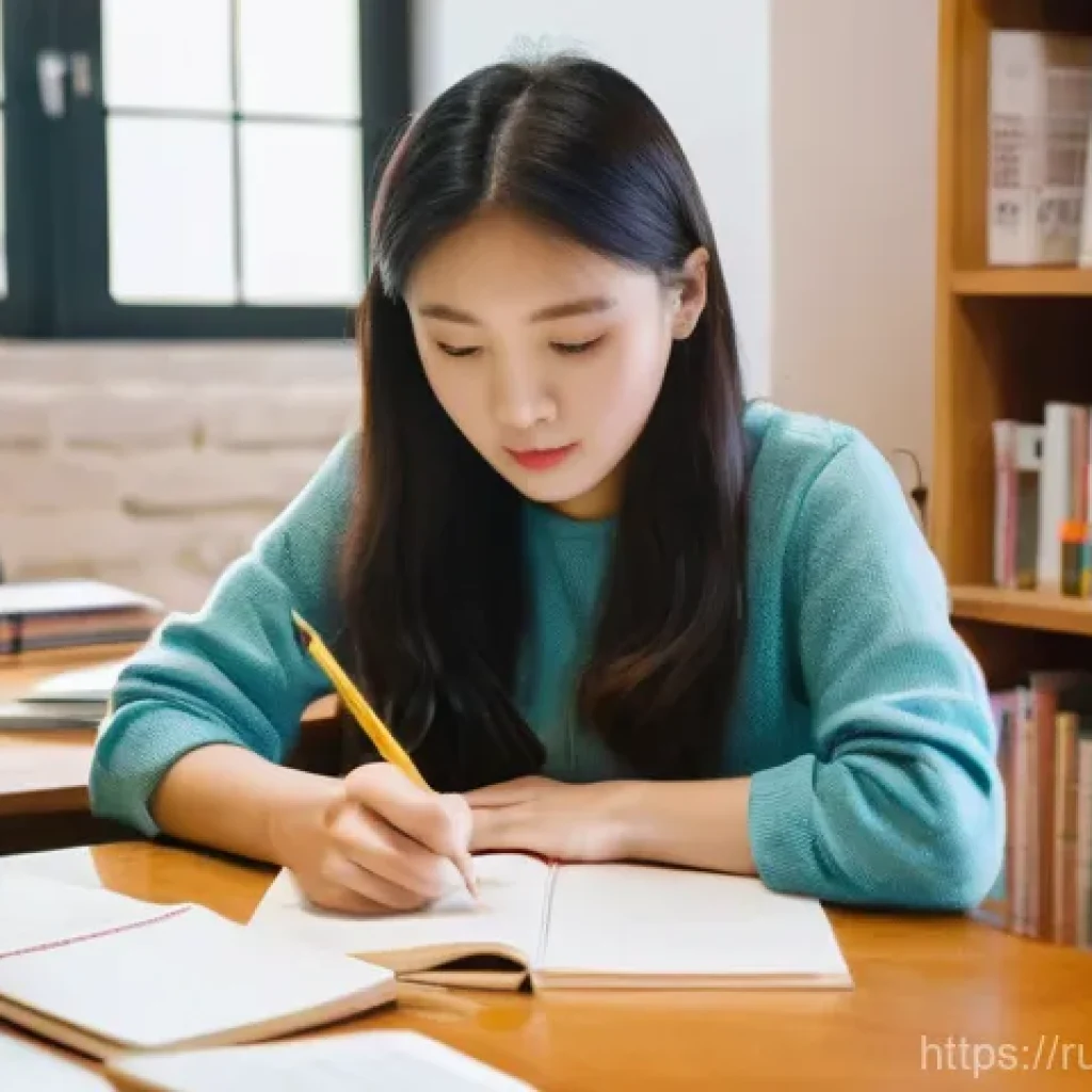 TOPIK 자격증으로 이직 성공기 - **Aspiration and First Steps:** A young adult woman, early 20s, with a focused and determined expres...