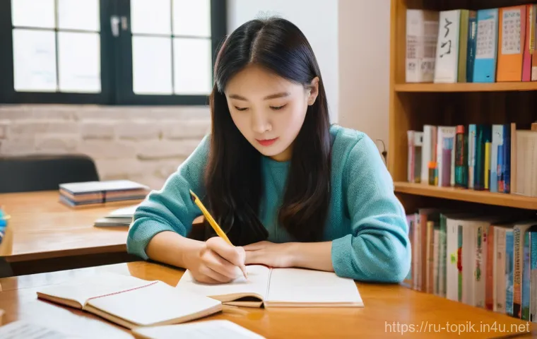 TOPIK 자격증으로 이직 성공기 - **Aspiration and First Steps:** A young adult woman, early 20s, with a focused and determined expres...