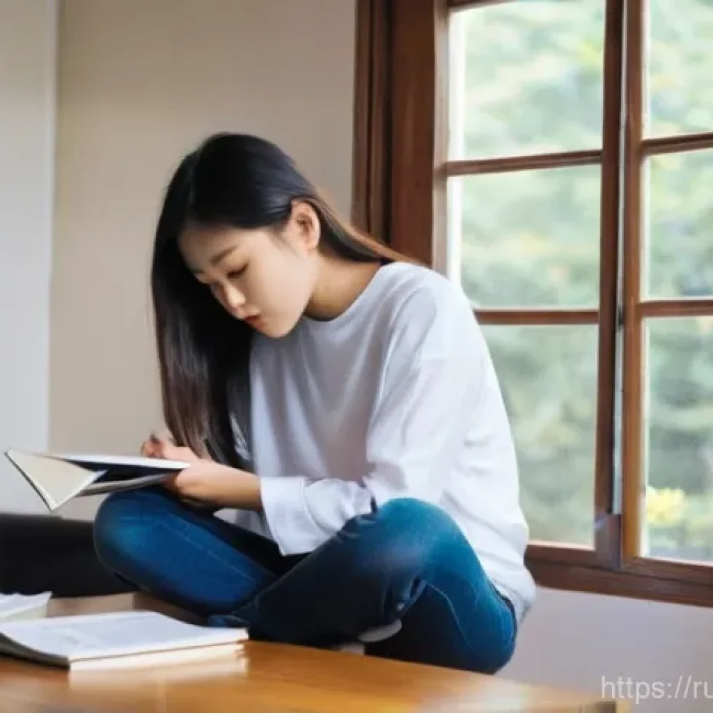 TOPIK 실패 후 재도전 이야기 - **Prompt:** A young female university student, dressed in a simple t-shirt and jeans, sits alone at ...