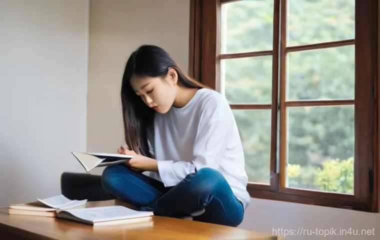 TOPIK 실패 후 재도전 이야기 - **Prompt:** A young female university student, dressed in a simple t-shirt and jeans, sits alone at ...