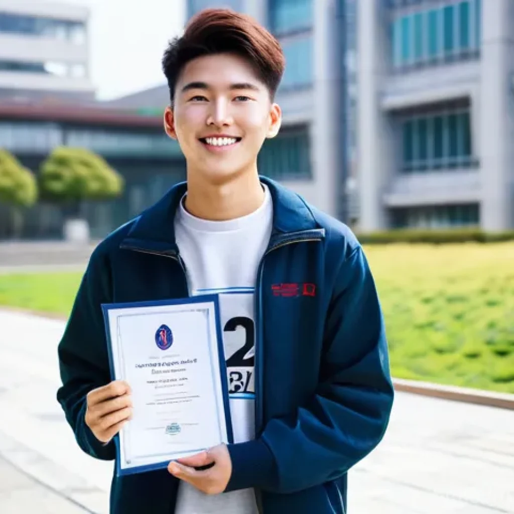 TOPIK 자격증으로 해외 교류 프로그램 참여 - **Prompt:** A diverse, enthusiastic university student, aged around 20-24, stands proudly on a moder...