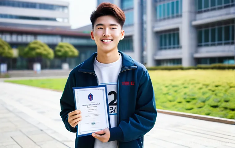 TOPIK 자격증으로 해외 교류 프로그램 참여 - **Prompt:** A diverse, enthusiastic university student, aged around 20-24, stands proudly on a moder...