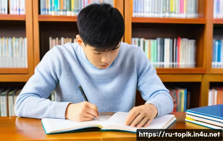 TOPIK 시험 유형별 시간 배분 전략 - A determined young adult student, possibly in their early twenties, deeply absorbed in studying for ...