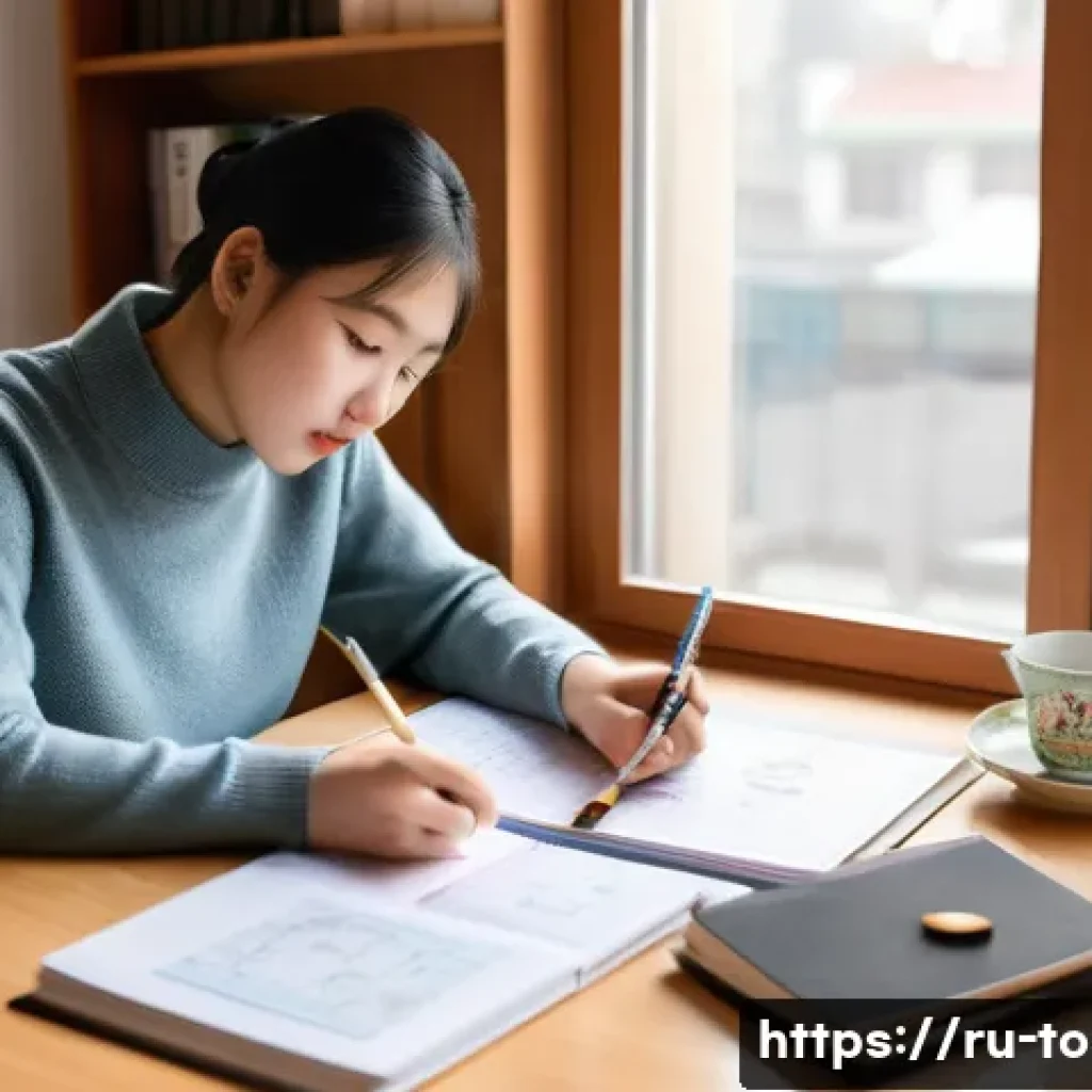 TOPIK 고급 문법 공부법 - A detailed study scene showing an adult Russian student in a cozy home office, surrounded by Korean ...
