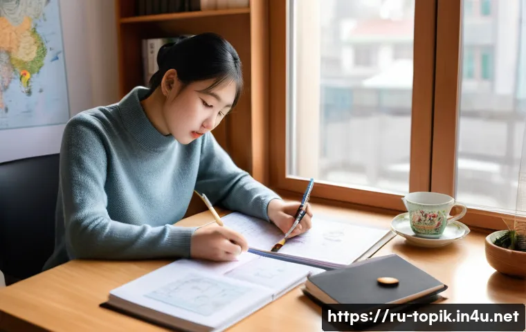TOPIK 고급 문법 공부법 - A detailed study scene showing an adult Russian student in a cozy home office, surrounded by Korean ...