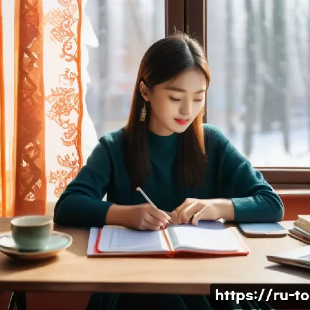 TOPIK 한국어 어휘 공부법 - A cozy study room scene featuring a Russian learner sitting at a wooden desk by a large window, surr...
