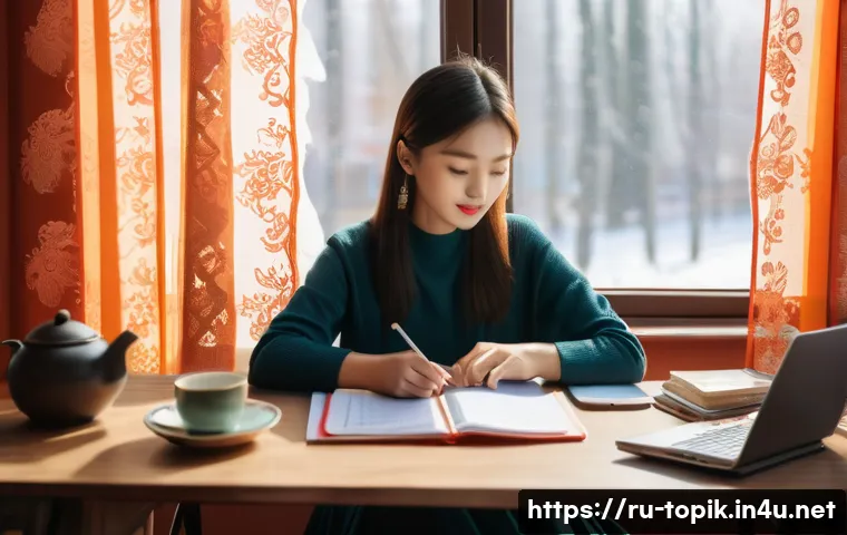 TOPIK 한국어 어휘 공부법 - A cozy study room scene featuring a Russian learner sitting at a wooden desk by a large window, surr...