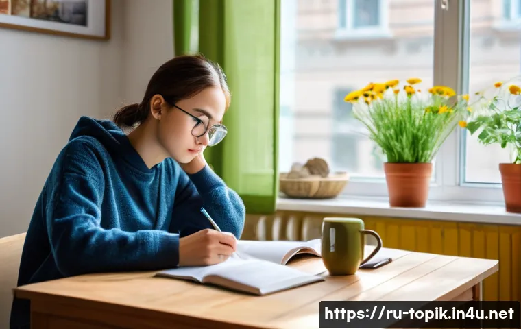 TOPIK 기출문제 풀이 - A focused Russian student sitting at a cozy wooden desk in a modern Moscow apartment, surrounded by ...