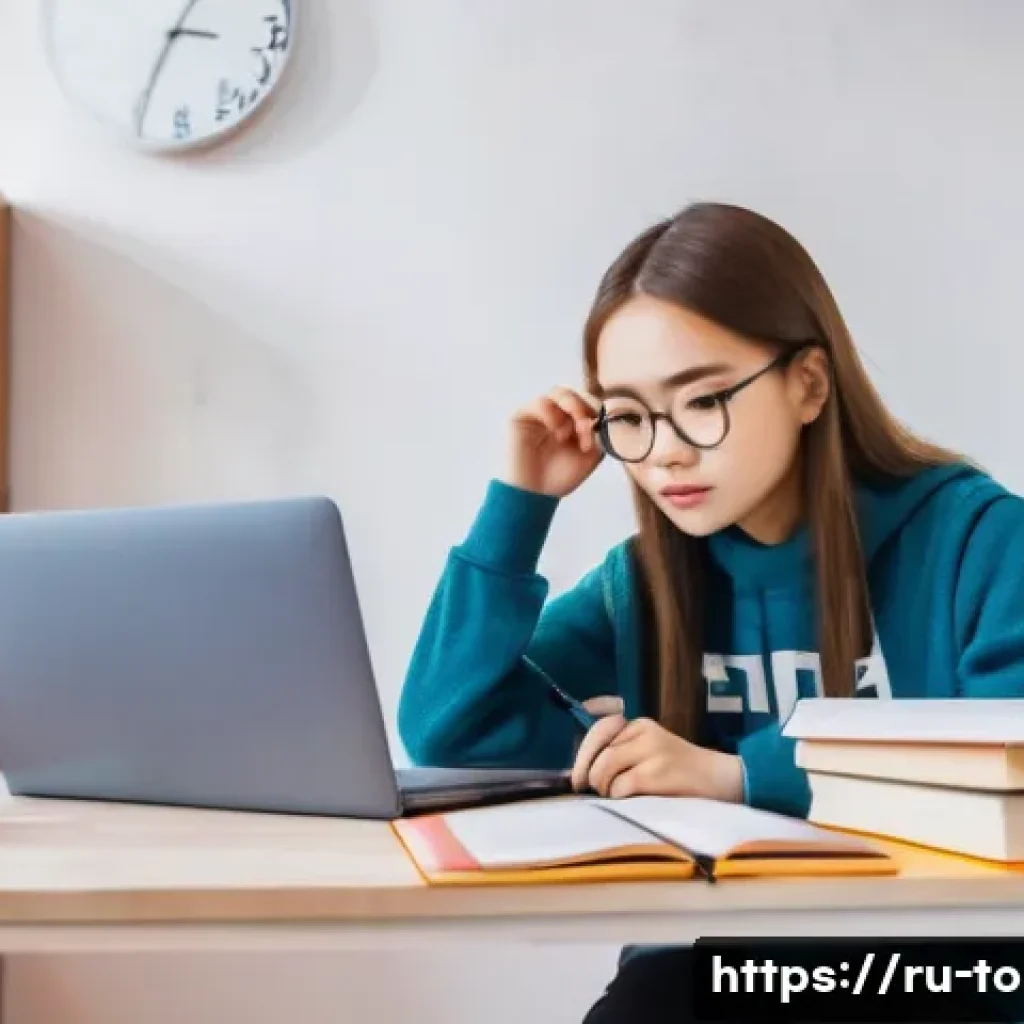 TOPIK 자격증 소지자 인터뷰 - A focused young Russian university student sitting at a desk cluttered with Korean language textbook...