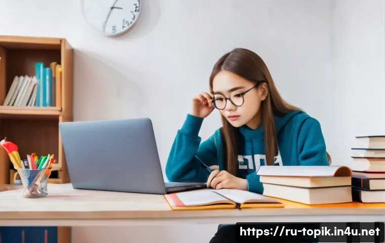 TOPIK 자격증 소지자 인터뷰 - A focused young Russian university student sitting at a desk cluttered with Korean language textbook...