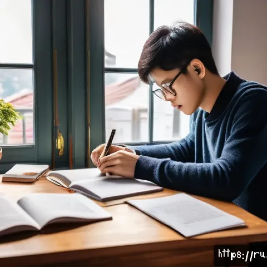 TOPIK 중급 합격 팁 - A focused young adult studying Korean language at a cozy home desk in the morning light, using a lap...