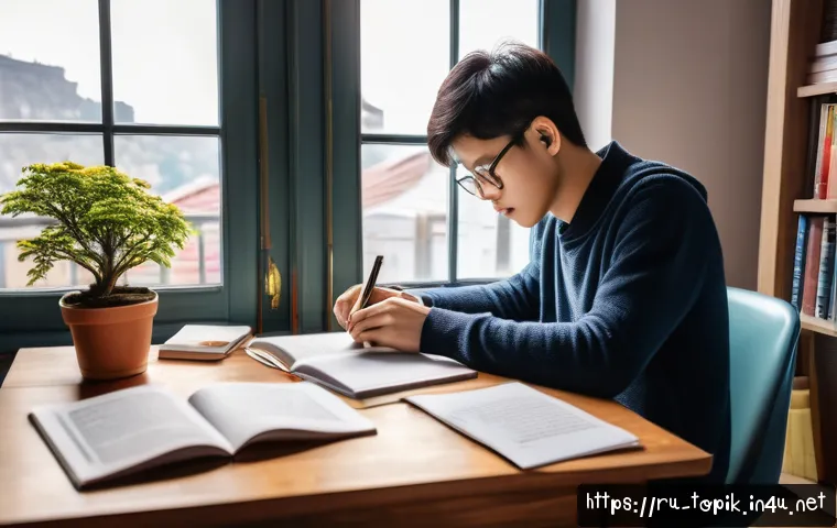 TOPIK 중급 합격 팁 - A focused young adult studying Korean language at a cozy home desk in the morning light, using a lap...