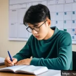TOPIK 시험 대비 실전 모의고사 - A focused young adult Russian student sitting at a neat, cozy study desk in a quiet, softly lit room...