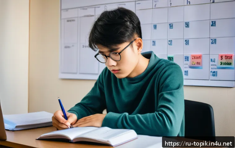 TOPIK 시험 대비 실전 모의고사 - A focused young adult Russian student sitting at a neat, cozy study desk in a quiet, softly lit room...