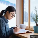 TOPIK 읽기시험 추천 교재 - A cozy study scene in a modern Russian home, featuring a young adult woman sitting at a wooden desk ...