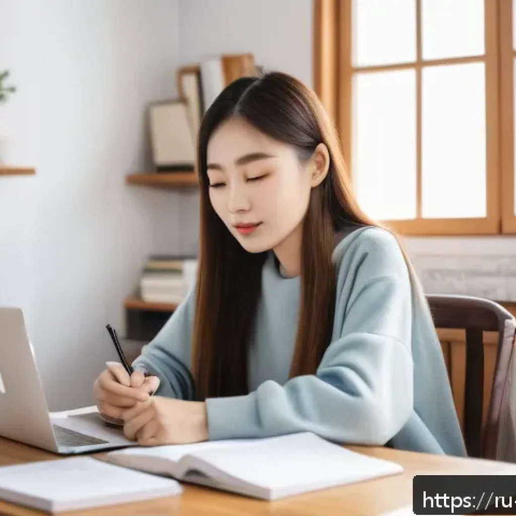 TOPIK 자격증으로 해외취업 도전 - A professional young adult Russian woman studying Korean language at a cozy home workspace, surround...