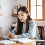 TOPIK 자격증으로 해외취업 도전 - A professional young adult Russian woman studying Korean language at a cozy home workspace, surround...