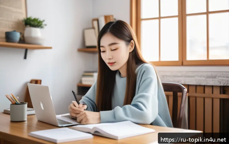 TOPIK 자격증으로 해외취업 도전 - A professional young adult Russian woman studying Korean language at a cozy home workspace, surround...