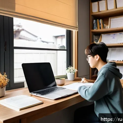TOPIK 필기시험 고득점 비법 - A cozy home study scene featuring a young adult casually dressed in comfortable clothes, sitting at ...