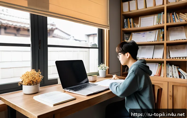 TOPIK 필기시험 고득점 비법 - A cozy home study scene featuring a young adult casually dressed in comfortable clothes, sitting at ...