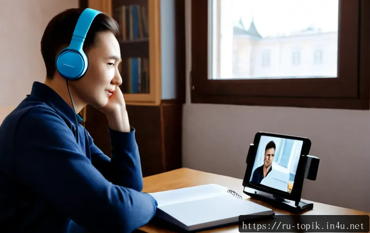 Home 15 TOPIK 한국어 회화 스킬 향상법 - Photorealistic scene of a Russian adult learner practicing Korean conversation through a video call ...